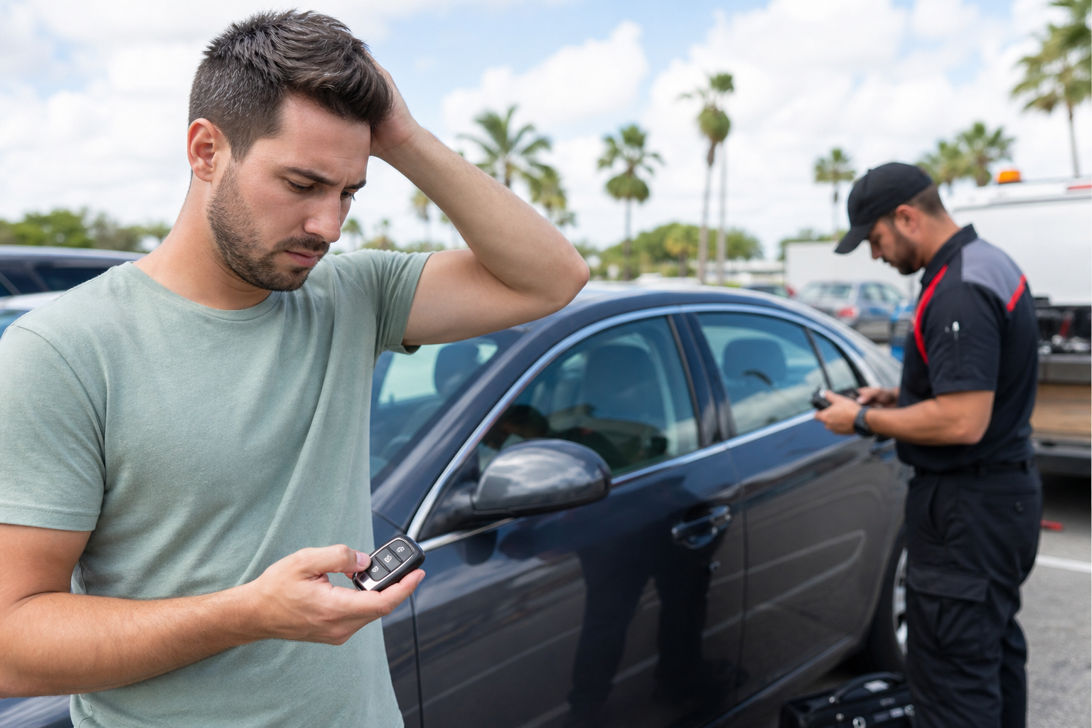 Driver holding a smart key fob beside a locked car in a parking area