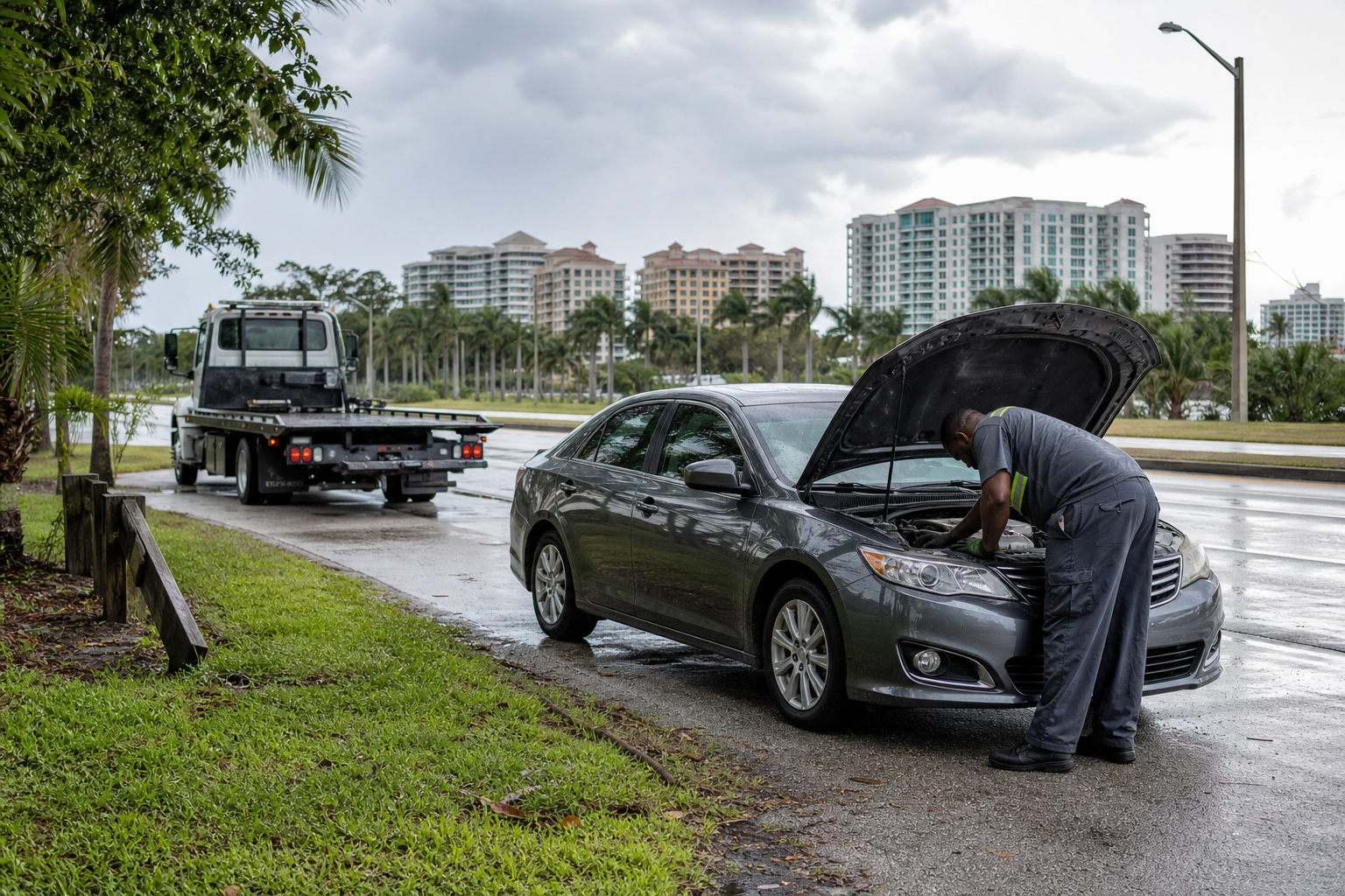 Roadside technician inspecting a stopped car with a suspected broken serpentine belt on rain-dark pavement in West Palm Beach