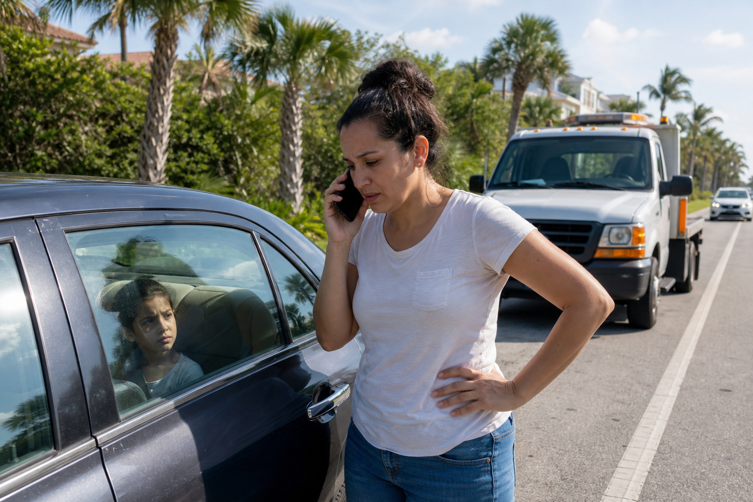 Concerned caregiver calling for help beside a locked car with a child visible inside in West Palm Beach