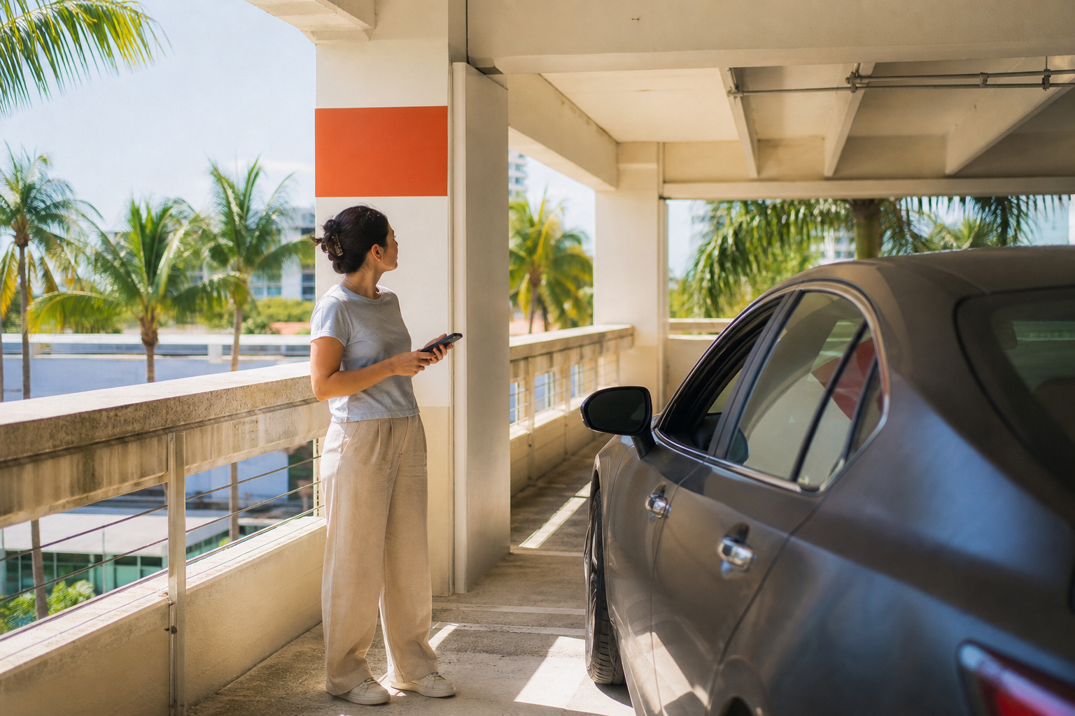 Driver safely speaking on a phone near a parked car in a multi-level parking garage in West Palm Beach