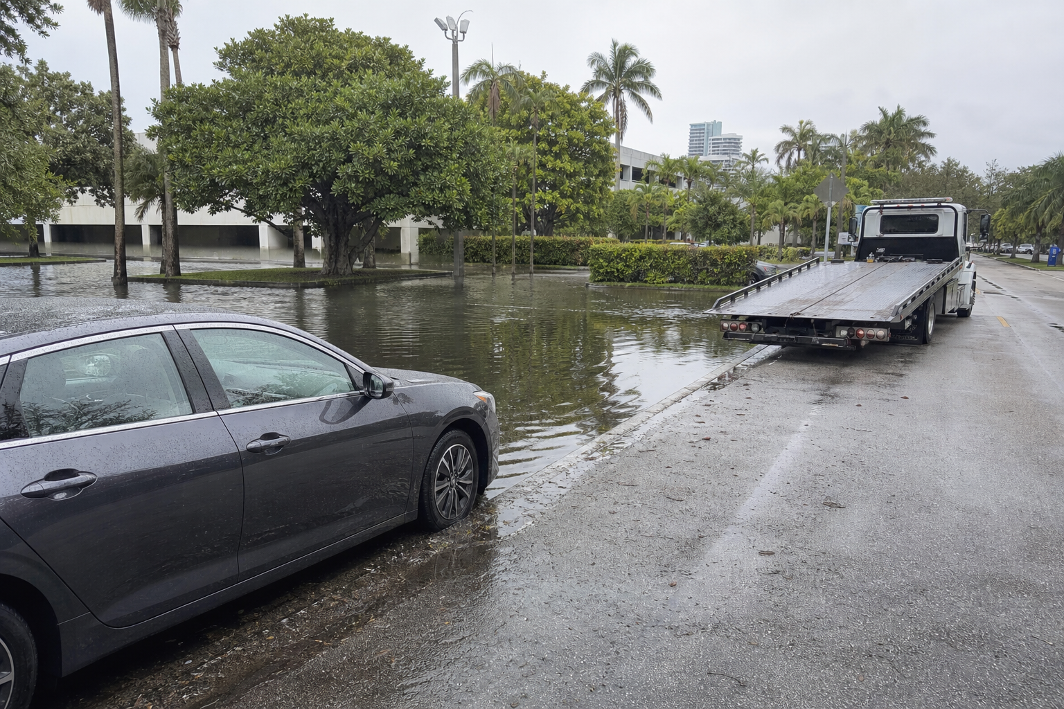 Tow operator assessing a flood-exposed car from dry pavement in West Palm Beach