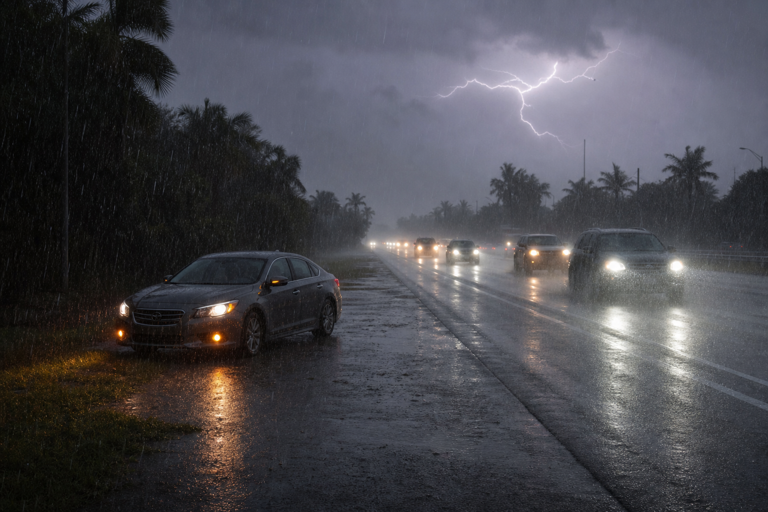 Driver waiting inside a stopped hard-top car during heavy rain and lightning near a West Palm Beach roadside
