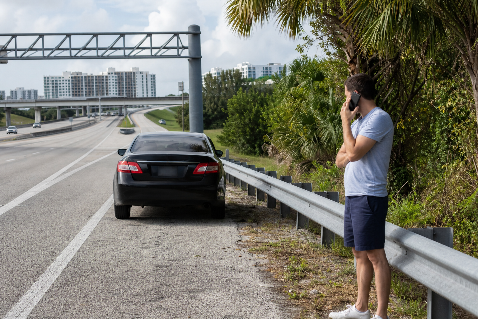Driver standing safely beyond a guardrail while using a phone beside a locked car on a West Palm Beach highway shoulder