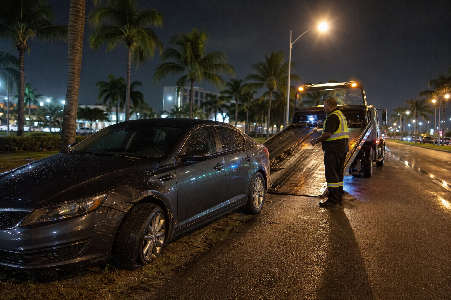 Tow operator preparing to load a low-clearance disabled car onto a flatbed at night in West Palm Beach