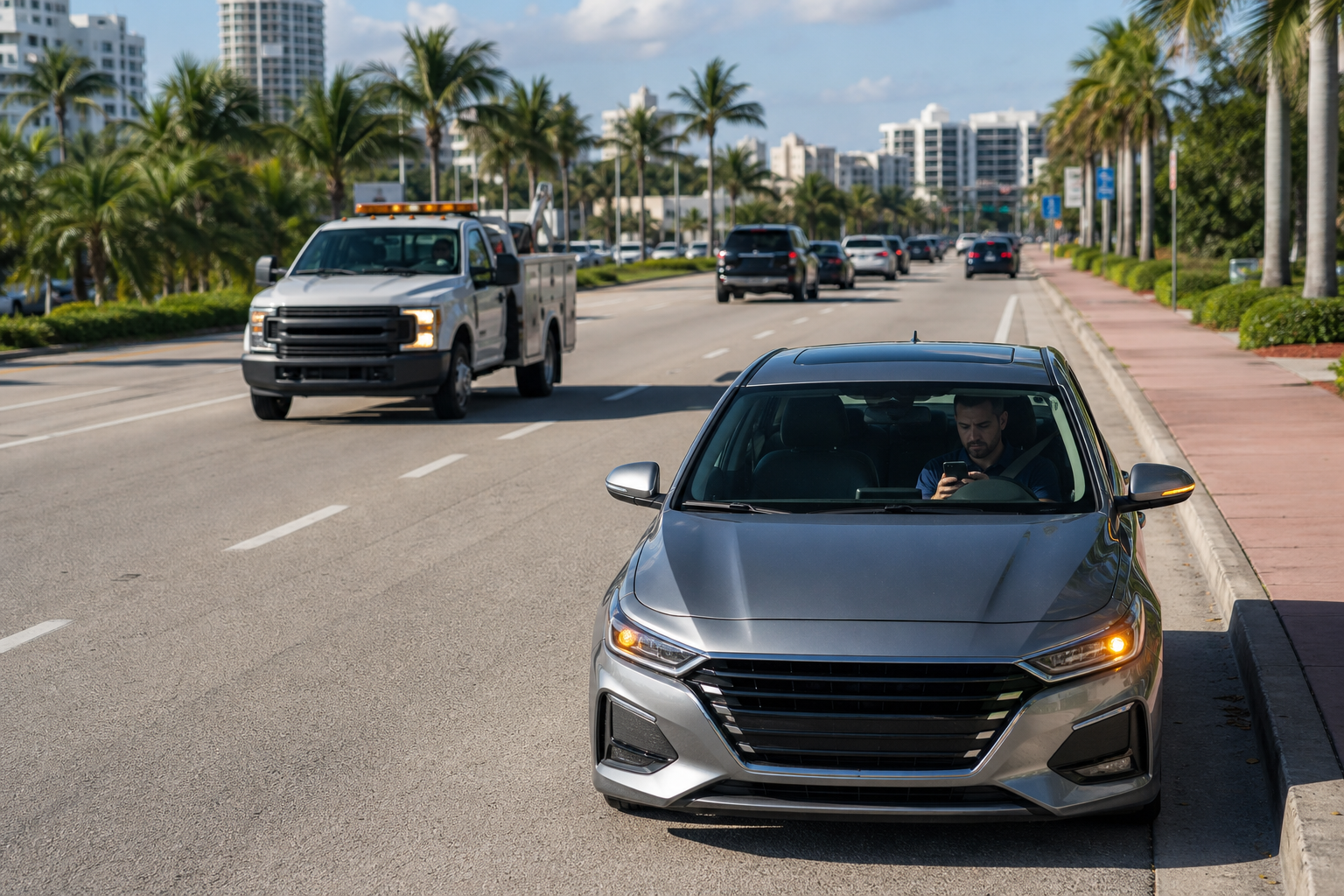 Driver waiting safely in a disabled car near a busy West Palm Beach traffic lane with roadside assistance approaching