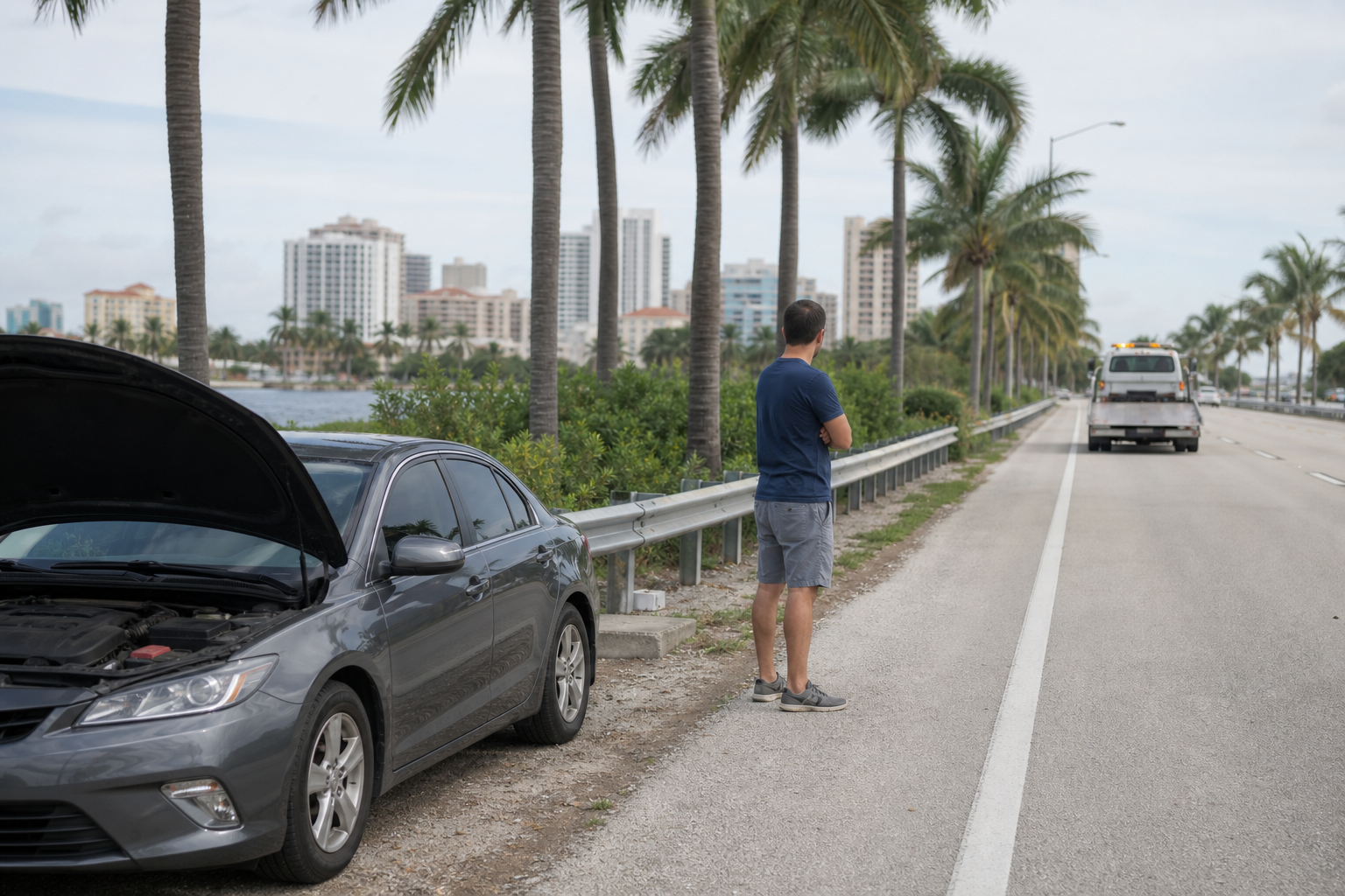 Driver standing safely away from a disabled car on the side of a West Palm Beach road while waiting for towing assistance