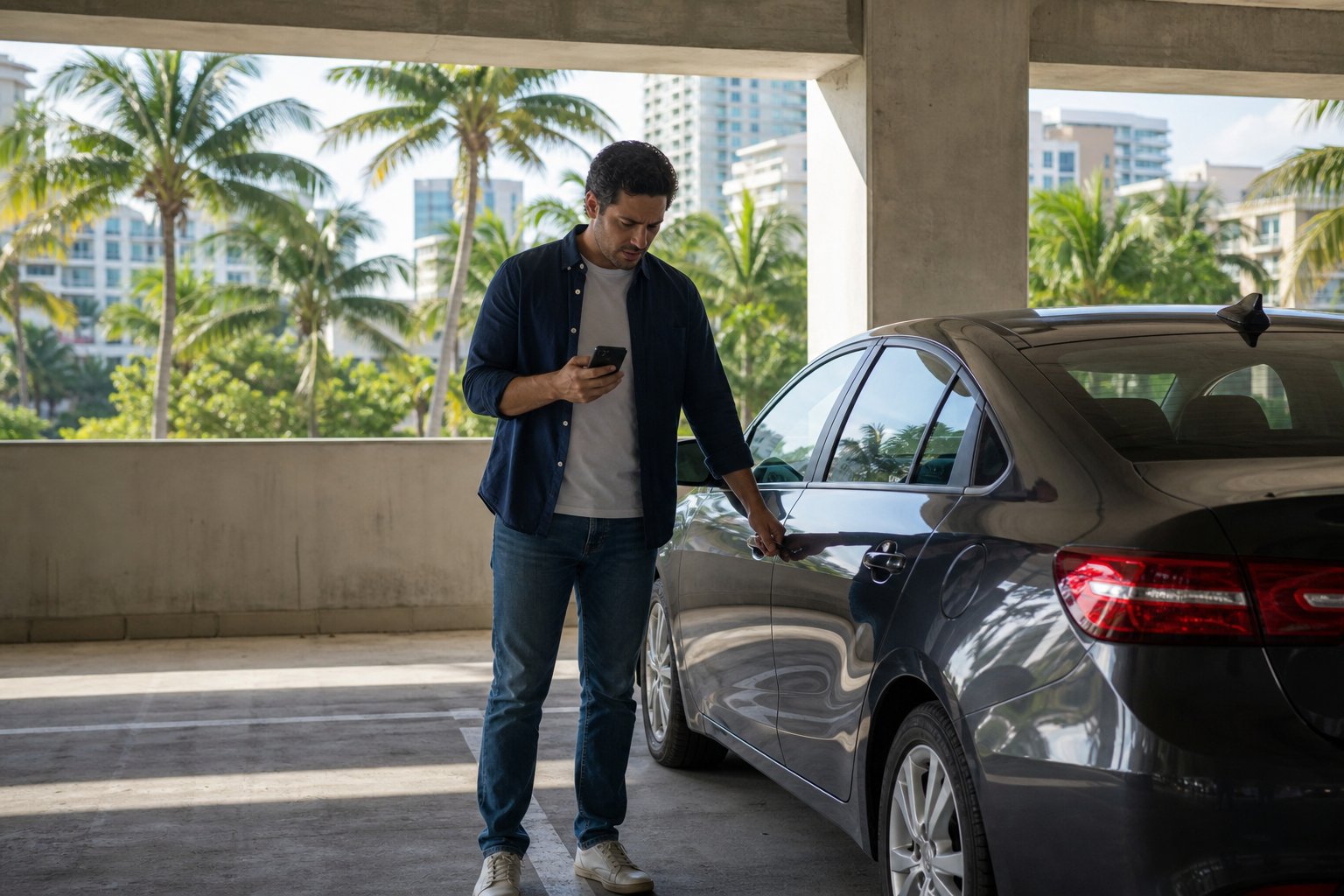 Driver standing safely beside a locked sedan in a West Palm Beach parking garage while checking for roadside lockout help on a phone