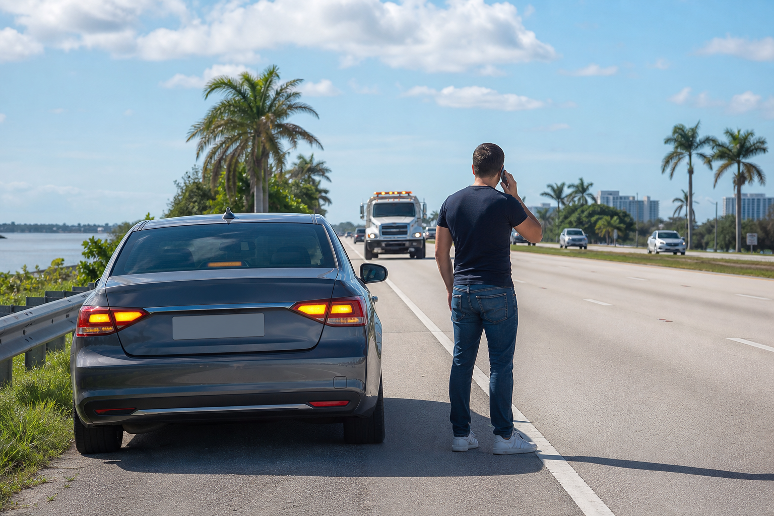 Driver safely pulled over on the roadside in West Palm Beach while waiting for towing assistance